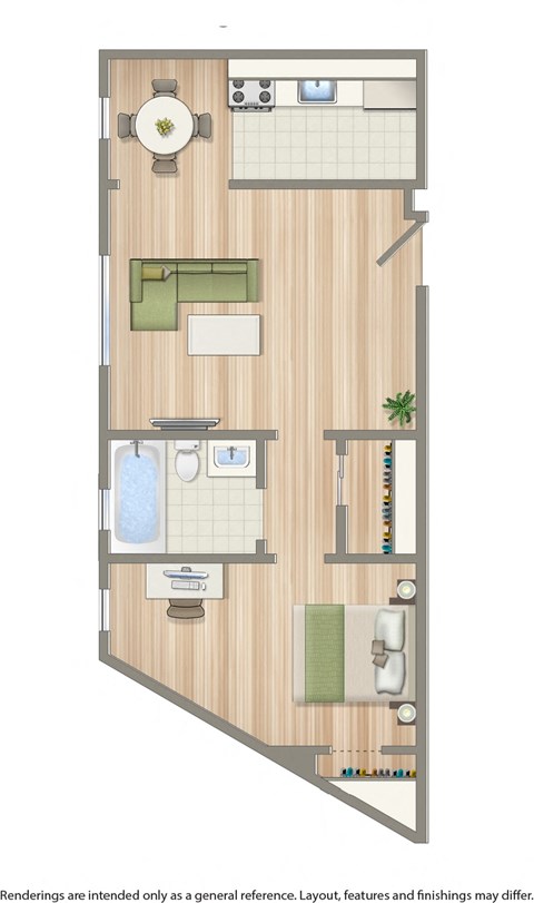 A drawing of a room with a kitchen, living room, and bathroom.